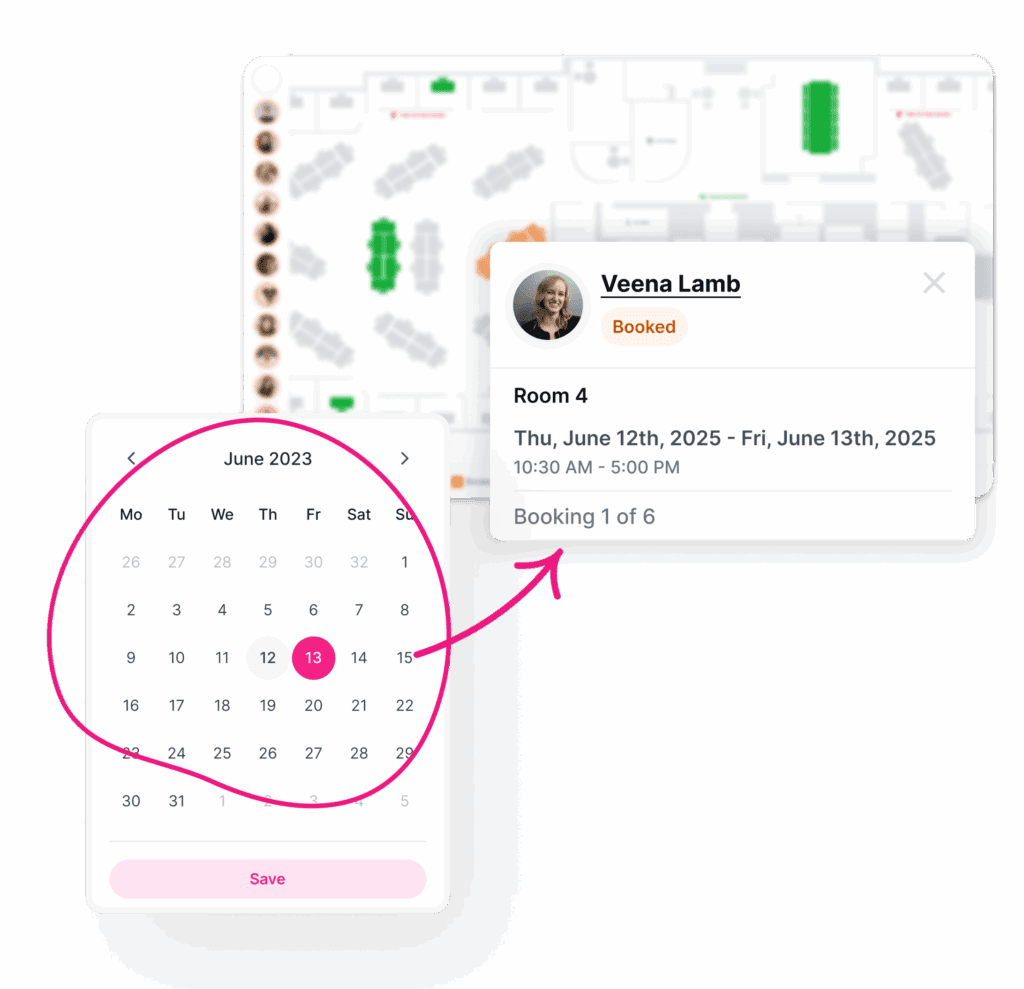 A stylised design showing how you can book a space over multiple days using the calendar selector.