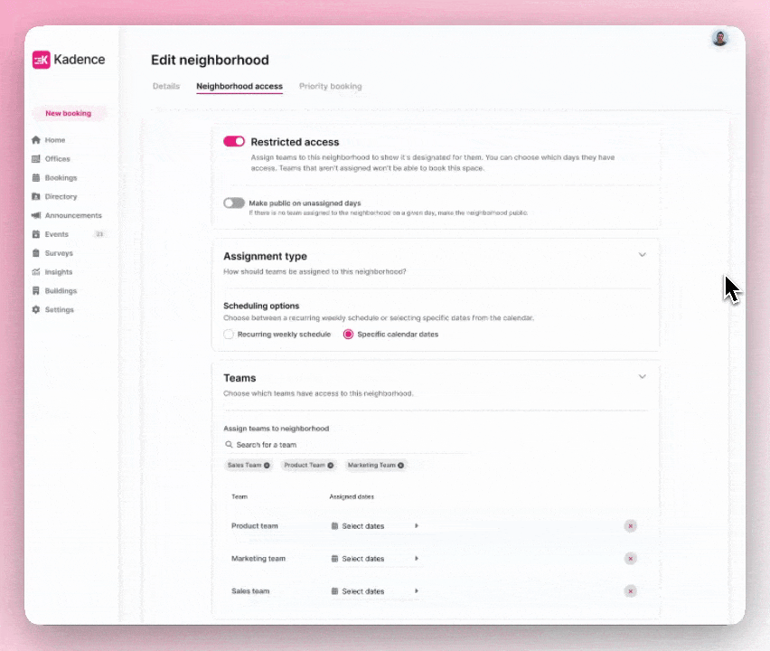 A GIF of how to schedule office neighborhood access on a calendar. 