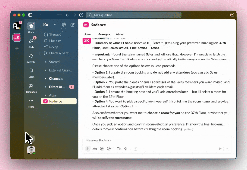 A GIF ofa conversation with Kadence AI on Slack.