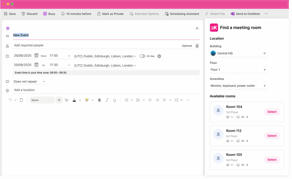 The Kadence Room Meeting Room Booking Plug-in for Outlook.