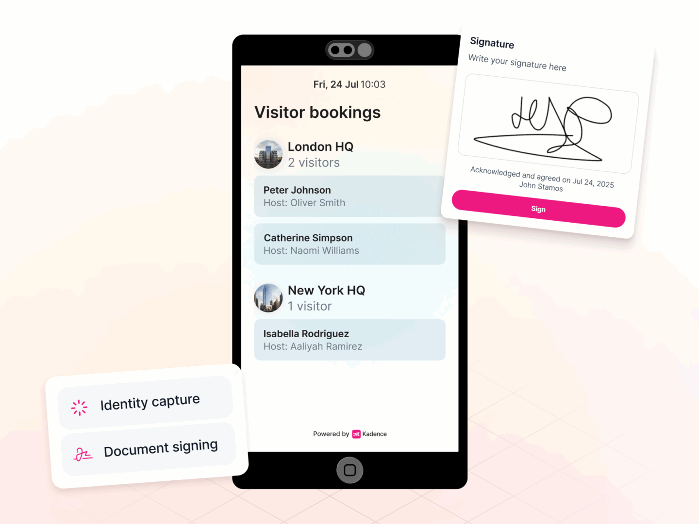 Kiosk screen showing visitor booking details with identity capture and digital document signing for audit-ready visitor records.