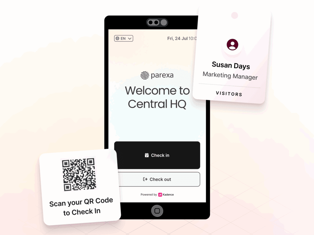 Tablet displaying a visitor self-check-in screen with a QR code, alongside a digital visitor badge showing a guest name and role.