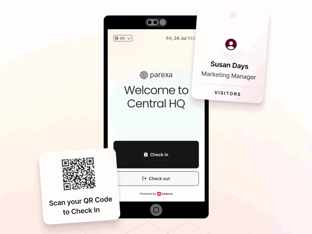 Tablet displaying a visitor self-check-in screen with a QR code, alongside a digital visitor badge showing a guest name and role.