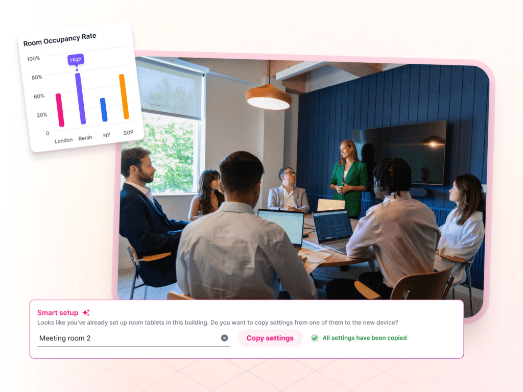 Kadence enterprise room display governance showing centrally managed smart setup, global room occupancy rate analytics across London, Berlin, New York and Singapore, with one-click settings replication across devices.