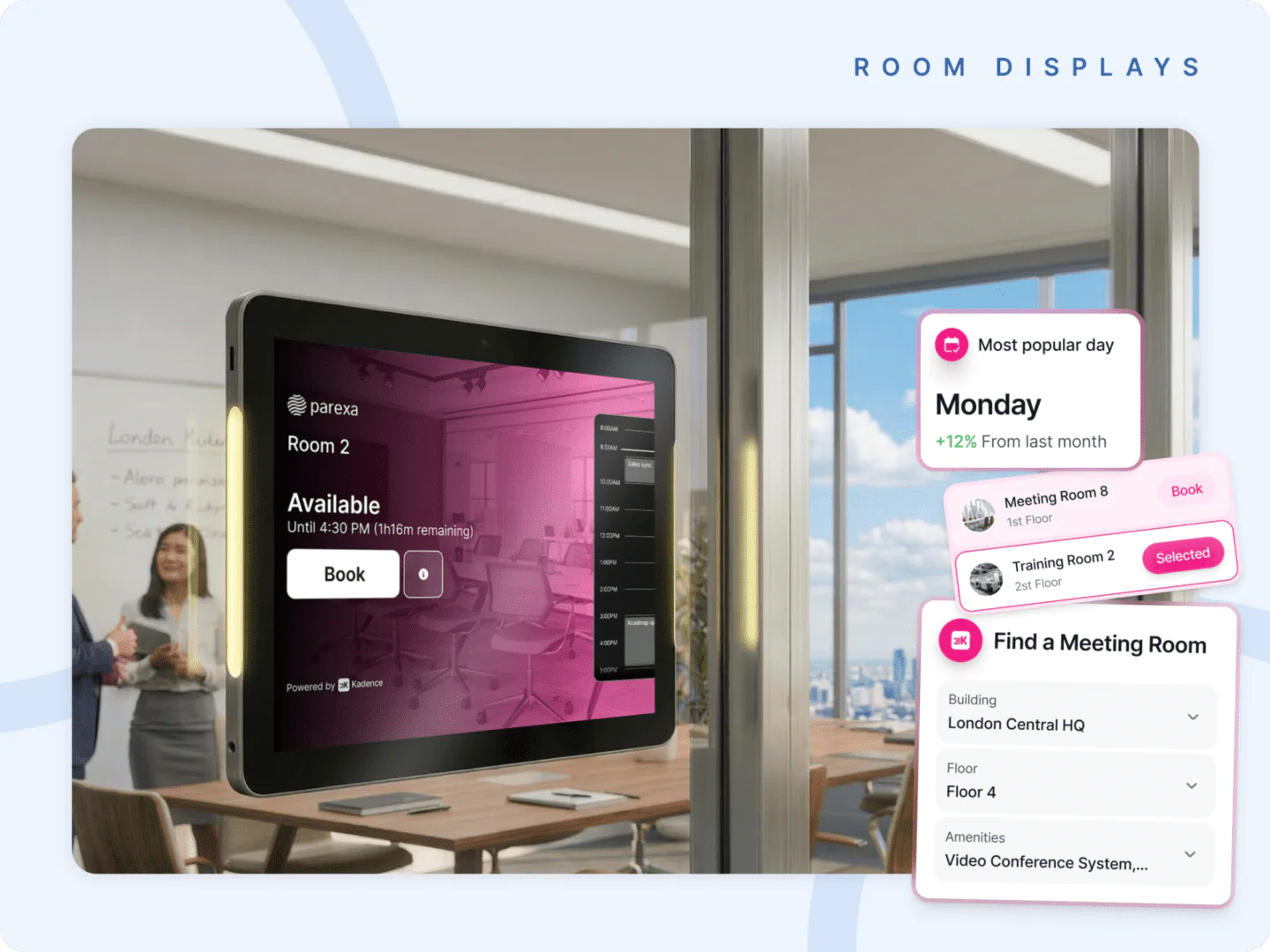 Kadence Room Display tablet mounted outside a meeting room showing live availability and instant booking, with Find a Room and analytics widgets.