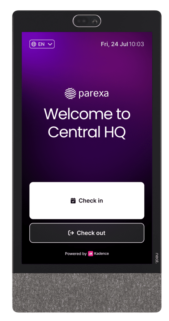 Visitor self-check-in kiosk screen showing a welcome message for Central HQ, with check-in and check-out options, powered by Kadence.
