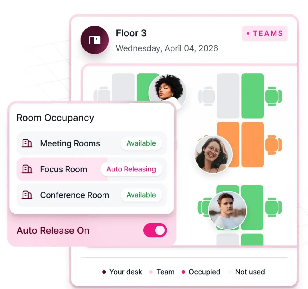 WorkOps space management interface showing desk booking, neighborhood assignments, and room capacity controls across office floors