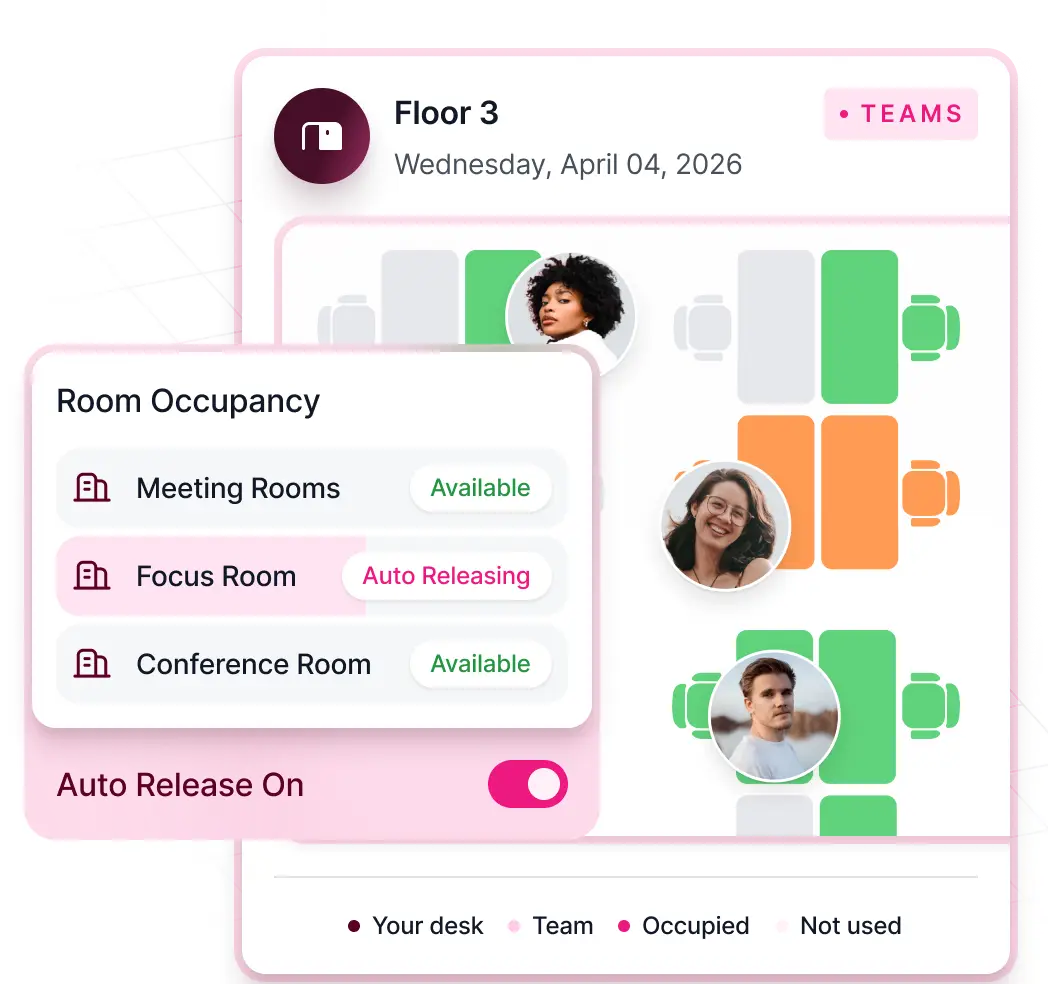 WorkOps space management interface showing desk booking, neighborhood assignments, and room capacity controls across office floors